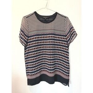 DKNY Geometric Print Short Sleeve Blouse Top M Multicolor Sheer Crew Neck